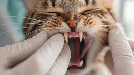 A person is holding a cat's mouth open and cleaning its teeth