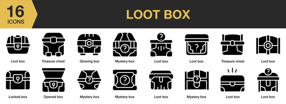 Loot Box solid icon set. Includes loot boxes icons and More. Solid icons vector collection.