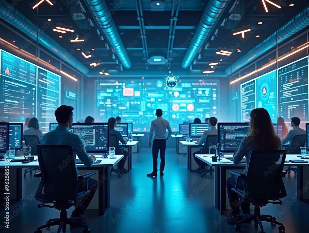 Poster futuristic data center with team of it professionals: cybersecurity and network management concept