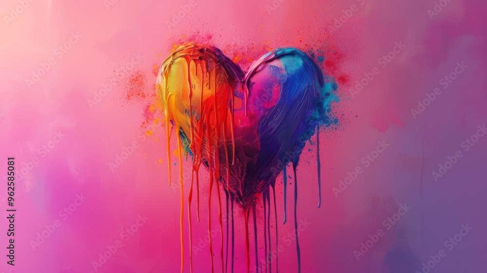Poster a colorful and expressive image of a heart melting and dripping in vibrant hues against a bright, ab