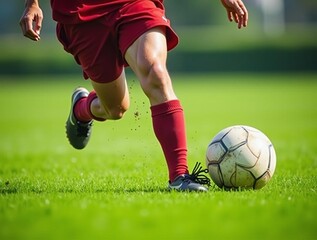 Fototapeta premium Soccer Player Dribbling Ball on Green Field: Sports Action and Athletic Skill Concept