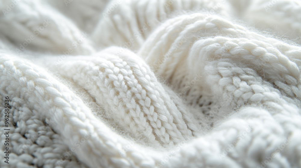 Poster soft white knitted texture showcasing intricate patterns and gentle folds in warm lighting