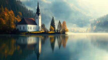 Obraz premium The peaceful view of a church by a lake, with its reflection shimmering on the water's surface