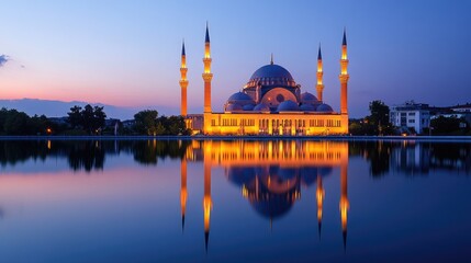 Fototapeta premium The reflection of a mosque with illuminated minarets on a calm water surface during the evening.