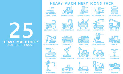Heavy equipment dual tone blue color icon set, contain compactor, excavator, bulldozer, crane, loader, jackhammer and more. vector EPS 10. use for UI, UX, app and web constructions development.