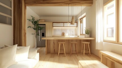 A modern kitchen with a wooden counter and a refrigerator