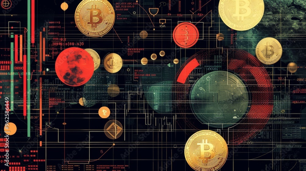 Aufkleber artistic depiction of bitcoin and digital currencies in a futuristic setting. gold coins and tech el