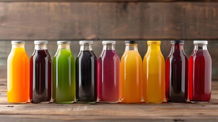 Assorted fresh juices in glass bottles