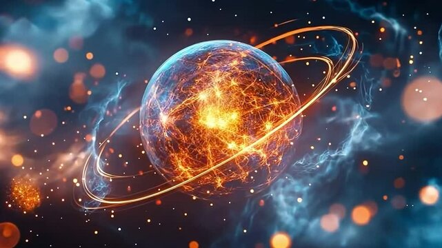a colorful illustration of a blazing atomic structure on a background of space. Ideal illustration of atomic science, energy, and physics topics.