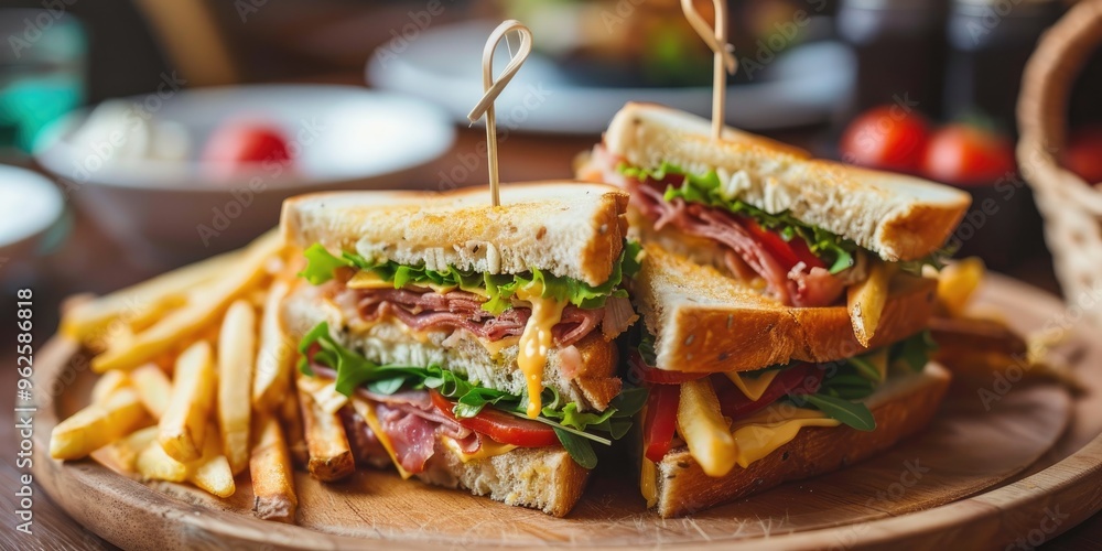 Wall mural Club Sandwiches and French Fries on a Rustic Table