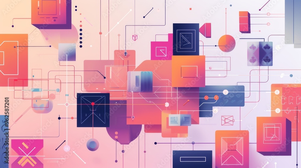 Poster digital artwork featuring abstract geometric shapes in vibrant colors, interconnected by intricate l
