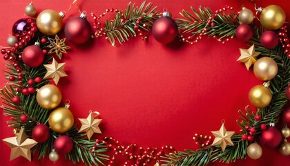 A festive Christmas frame of red and gold ornaments, evergreen branches, and stars on a red background.