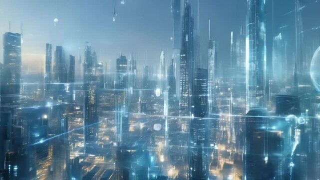 Futuristic Cityscape with Digital Connections and Data Flows