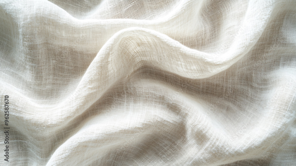 Poster gentle white linen fabric draped softly on a surface, creating elegant textures and patterns