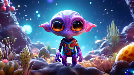 Curious Alien Cartoon Character in Colorful Suit Exploring a Strange Planet with Glowing Exotic Plants and Floating Rocks