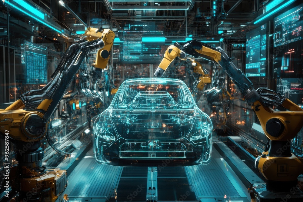 Poster an artistic depiction of a car being assembled by multiple robotic arms, with digital interfaces and