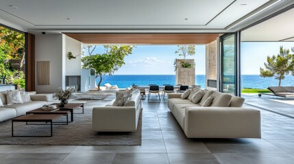 A large open living room with a view of the ocean