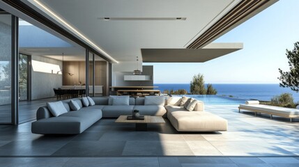 A large, modern living room with a pool and ocean view
