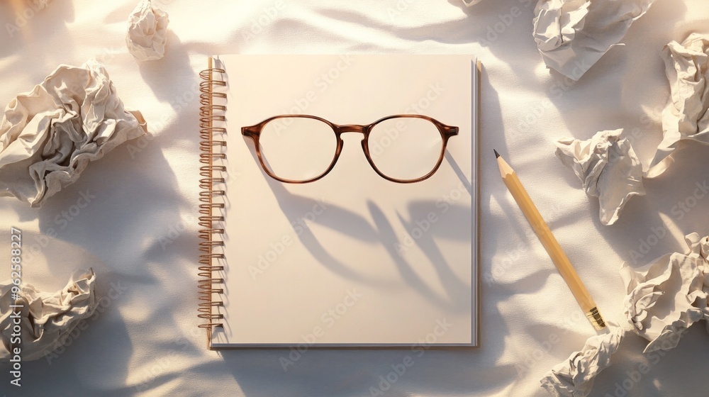 Poster a notebook with a pair of glasses on it and a pencil next to it
