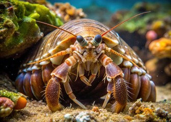 A brown, crustacean-shaped arthropod slowly protrudes from beneath a ledge of underwater rocks, its eyes cautiously emerging from behind its shell-covered back.