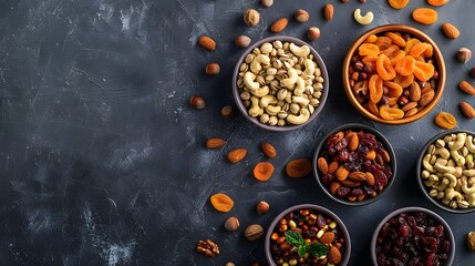 Assorted nuts and dried fruits in bowls