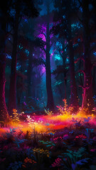 A whimsical and magical forest, with towering trees and sparkling dew drops on vibrant flowers.