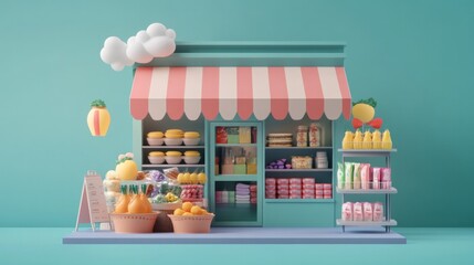 A cartoon store with a pink and white awning and a blue background