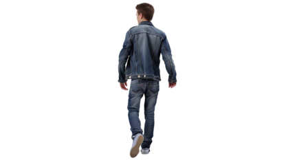 A young man in jeans and shirt walking, back view, cut out isolated over a transparent png background