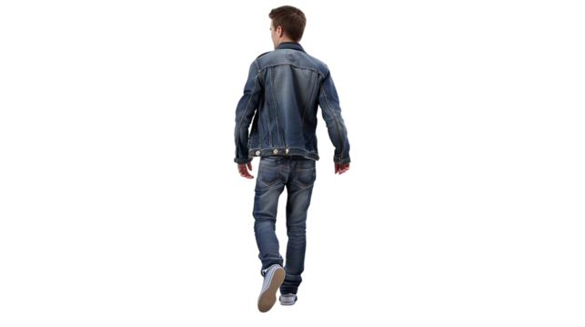 A young man in jeans and shirt walking, back view, cut out isolated over a transparent png background