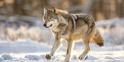 Gray Wolf Canis lupus Sprinting with Left Hind Leg Lifted in a Wintry Scene