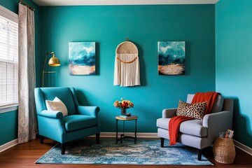 Stylish Reading Nook with Reclining Chair Turquoise Accent Wall and Comfortable Seating