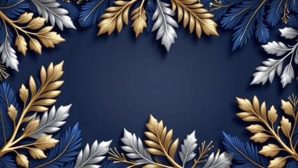A frame of gold and silver leaves on a dark blue background.