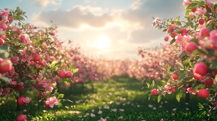 Fototapeta premium Blooming Apple Orchard at Sunset with Red Apples and Pink Flowers