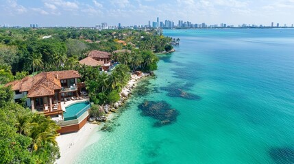 Fototapeta premium Aerial view of luxurious harborside villas with lush greenery and turquoise waters, city skyline in the distance, capturing the essence of tropical paradise