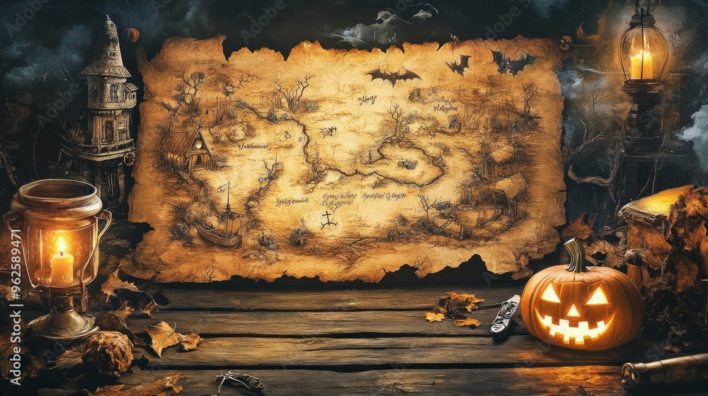 Poster a map of a haunted forest with a pumpkin and lanterns on a wooden table