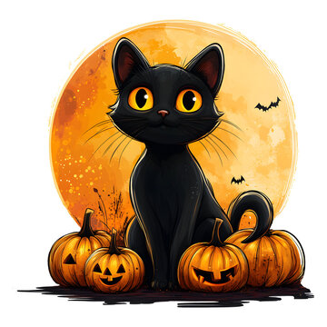 Cute black cat sitting on a pumpkin tshirt design isolated on a transparent background
