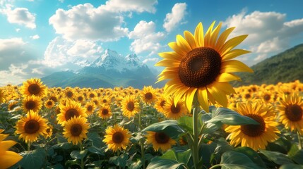 Fototapeta premium Sunny Sunflower Field with Mountain Background