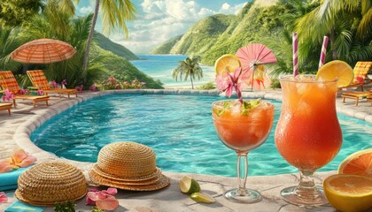 Obraz premium Tropical Cocktails by the Pool with Lush Greenery and Blue Water