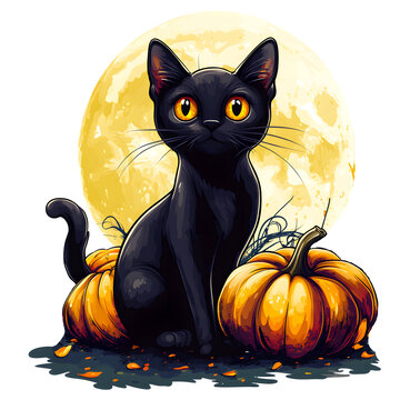 Cute black cat sitting on a pumpkin tshirt design isolated on a transparent background