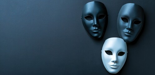 Three theater masks in black and white colors, arranged in a triangle shape on a dark background. Concept of identity, personality, and performance.