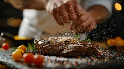 Chef seasoning a steak with salt and pepper