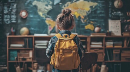 Obraz premium A young girl is looking at a map in a classroom