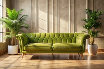 A sleek, modern, lime-green velvet sofa with ornate wooden legs sits against a neutral beige wall, surrounded by lush greenery and natural light.