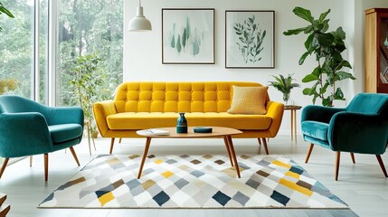 A mid-century Scandinavian living room with a vibrant yellow sofa, teal armchairs, and a geometric rug, all set against white walls with wooden accents.