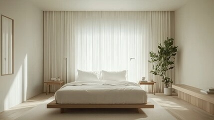 A minimalist bedroom with a white bed frame, wooden side tables, and a large window with white curtains, creating a serene and cozy atmosphere.