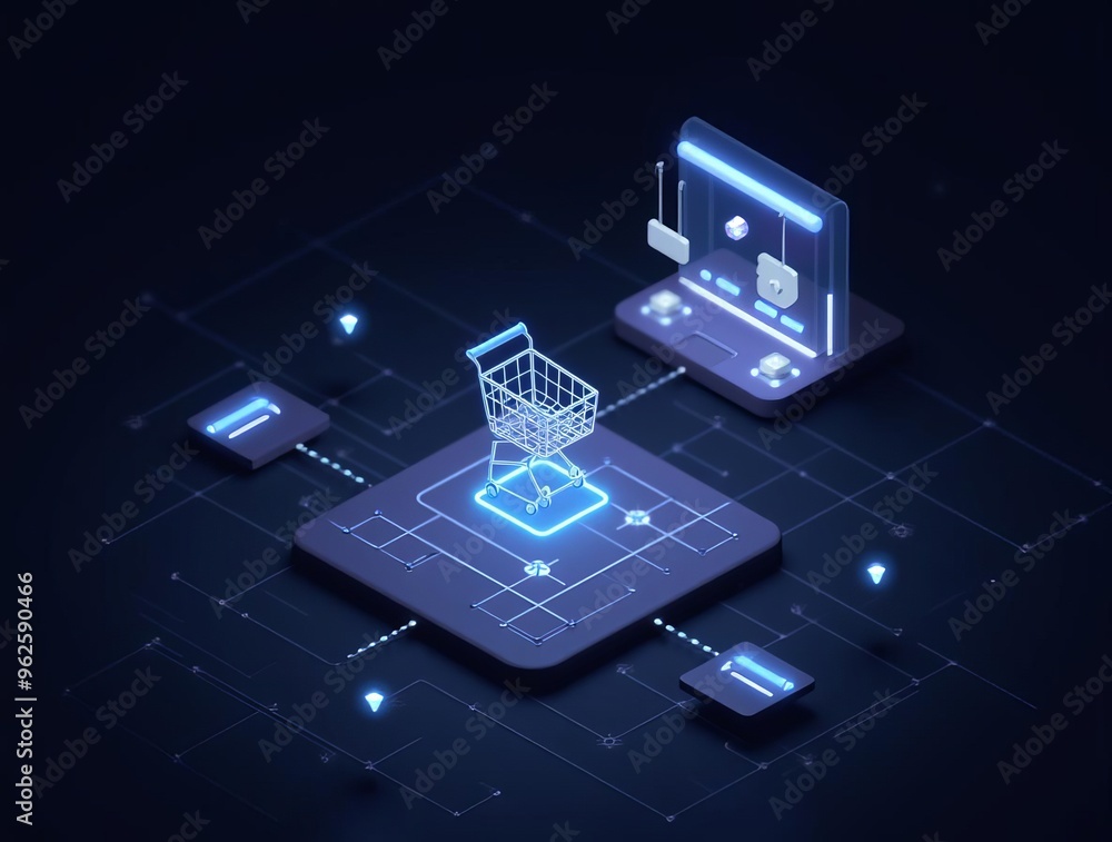 Poster 3d e-commerce platform concept: online shopping with digital devices and virtual cart in futuristic 