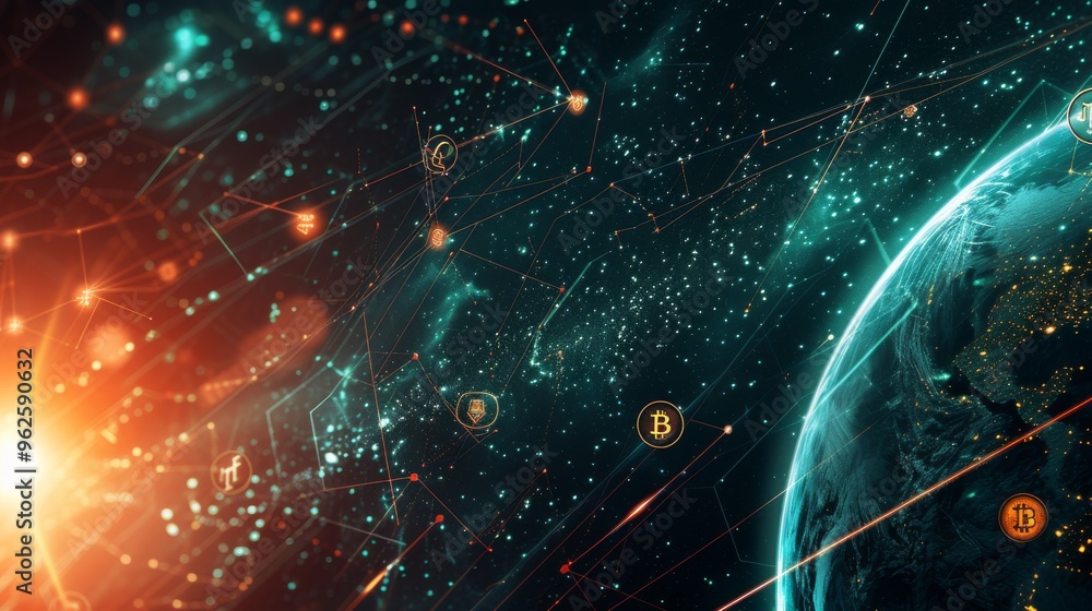 Poster a dynamic illustration of a global digital network, highlighted by glowing nodes and cryptocurrency 