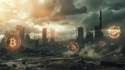 Fototapeta premium Eerie scene of bitcoins floating above a desolate, post-apocalyptic city. The ruined buildings and dramatic sunrise cast an ominous light, hinting at a future where digital currency reigns in a