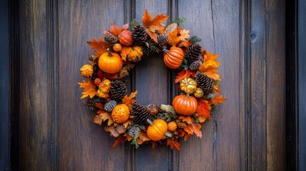 Fall Wreath with Pumpkins, Pine Cones, and Autumn Leaves