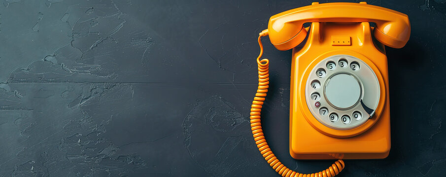 A classic orange rotary dial telephone on a black background. Vintage communication technology.